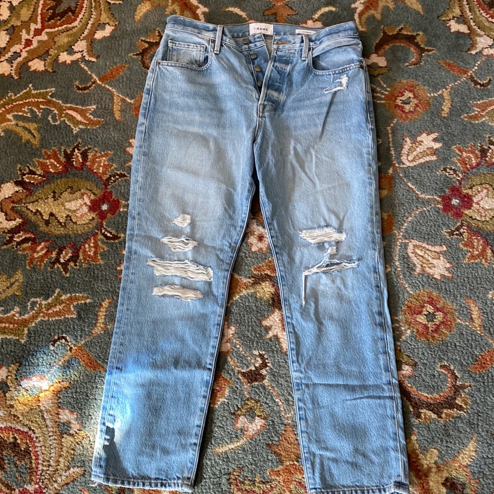 Frame Denim Women's Straight Leg Ripped Light Blue Jeans